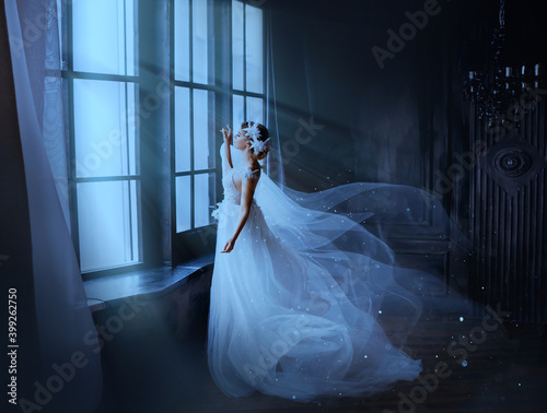 Fotografía Fantasy gothic woman ghost bride stands by window in black dark room, magic moon light
