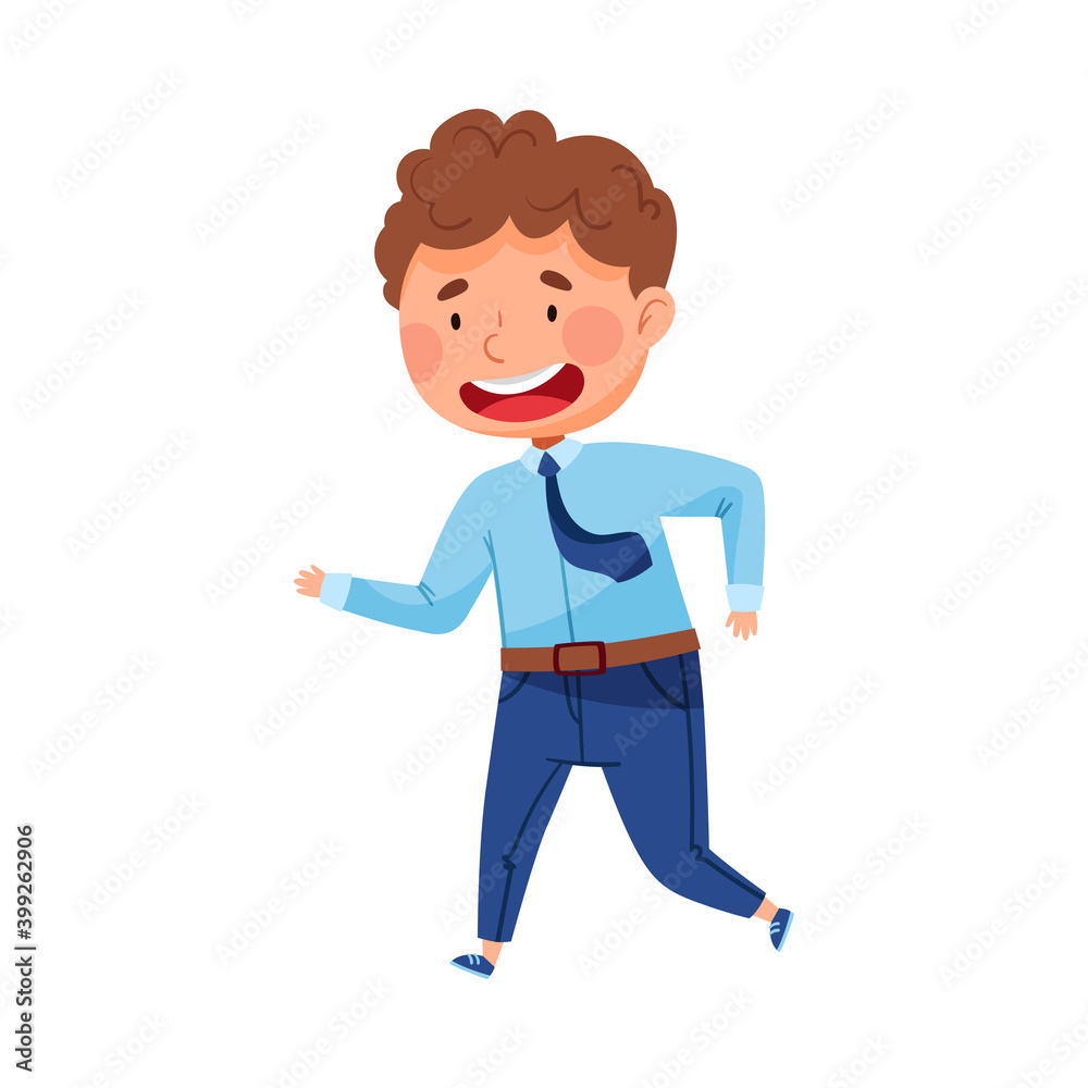 Excited Schoolboy in Blue Uniform and Tie Running to Classroom Vector Illustration