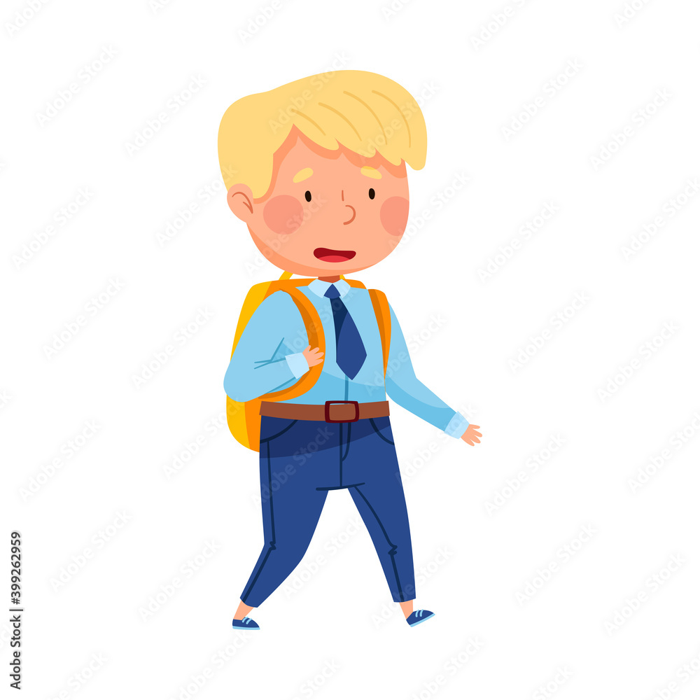 Little Schoolboy in Blue Uniform and Backpack Walking to School Vector Illustration Little Schoolboy in Blue Uniform and Backpack Walking to School Vector Illustration