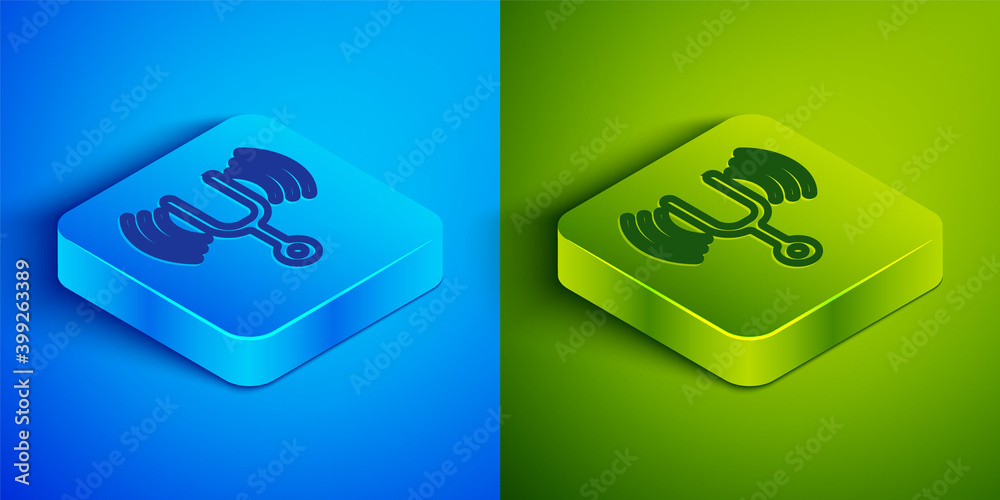 Isometric line Musical tuning fork for tuning musical instruments icon isolated on blue and green background. Square button. Vector. Isometric line Musical tuning fork for tuning musical instruments icon isolated on blue and green background. Square button. Vector.