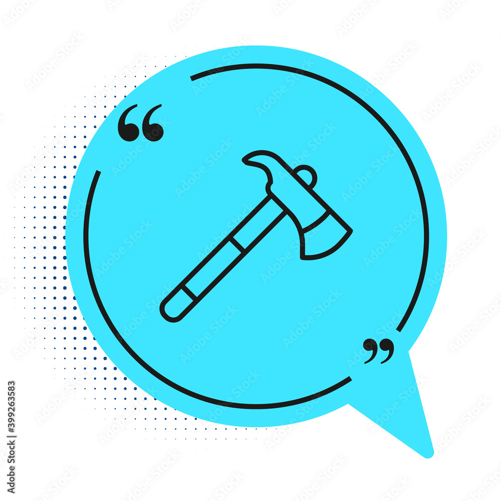 Black line Firefighter axe icon isolated on white background. Fire axe. Blue speech bubble symbol. Vector. Black line Firefighter axe icon isolated on white background. Fire axe. Blue speech bubble symbol. Vector.