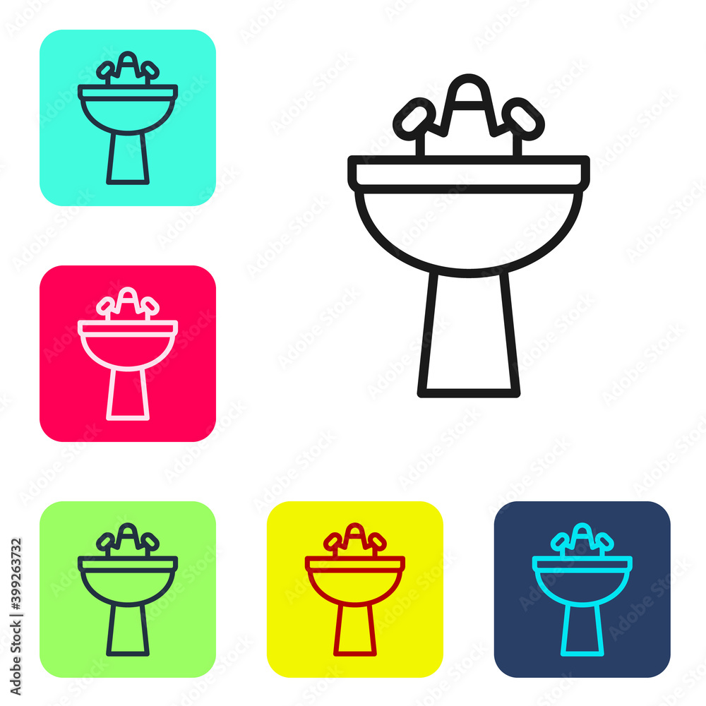 Black line Washbasin with water tap icon isolated on white background. Set icons in color square buttons. Vector. Black line Washbasin with water tap icon isolated on white background. Set icons in color square buttons. Vector.
