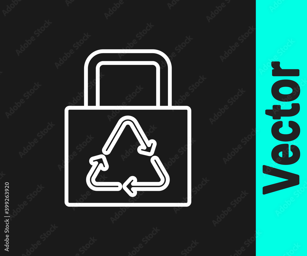 White line Paper shopping bag with recycle icon isolated on black background. Bag with recycling symbol. Vector. White line Paper shopping bag with recycle icon isolated on black background. Bag with recycling symbol. Vector.