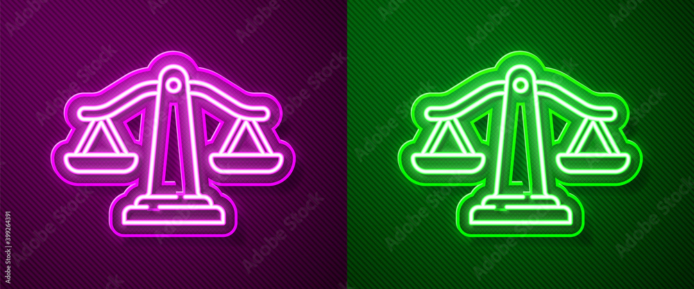 Fototapeta premium Glowing neon line Scales of justice icon isolated on purple and green background. Court of law symbol. Balance scale sign. Vector.