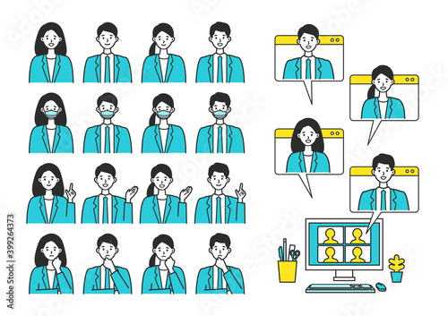 Smiling businessman and woman in suits.