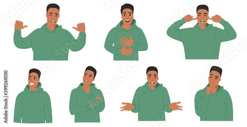 A set of illustrations of one guy with different emotions and gestures