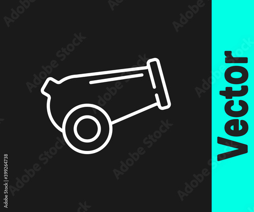 White line Cannon icon isolated on black background. Medieval weapons. Vector.