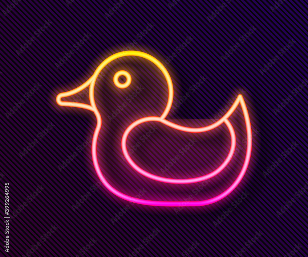 Fototapeta premium Glowing neon line Rubber duck icon isolated on black background. Vector.