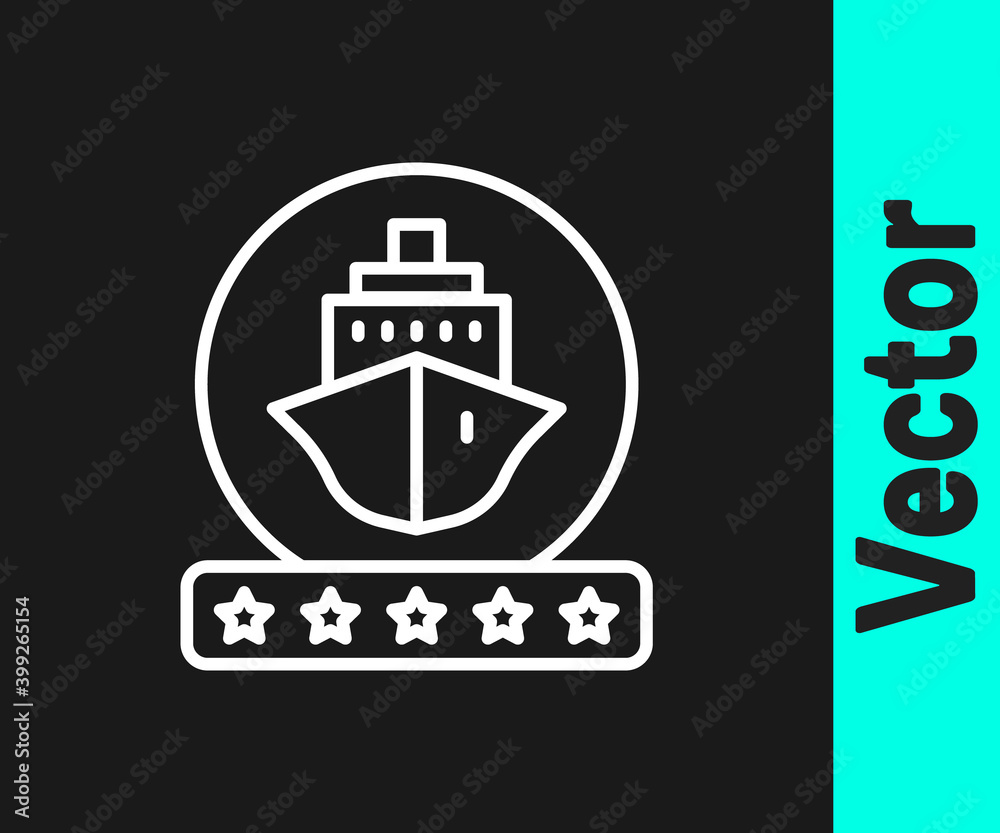 White line Cruise ship icon isolated on black background. Travel tourism nautical transport. Voyage passenger ship, cruise liner. Worldwide cruise. Vector. White line Cruise ship icon isolated on black background. Travel tourism nautical transport. Voyage passenger ship, cruise liner. Worldwide cruise. Vector.