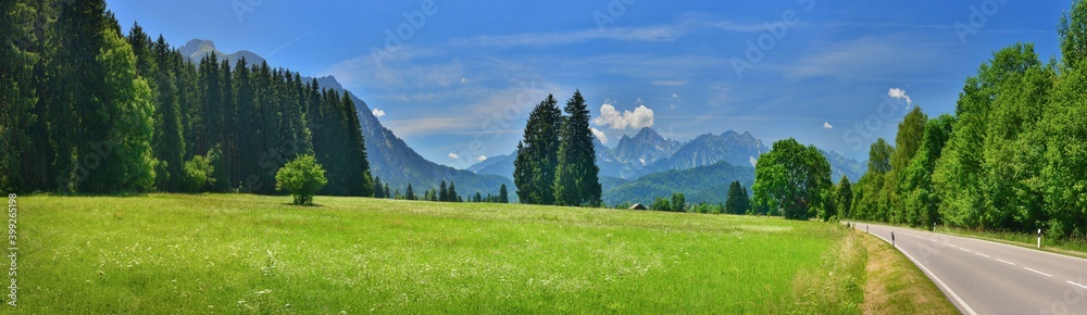Panoramic view of green summer meadows and a road at high mountains 