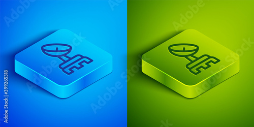 Isometric line Radar icon isolated on blue and green background. Search system. Satellite sign. Square button. Vector.