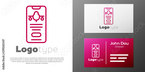 Logotype line Smartphone with electronic boarding pass airline ticket icon isolated on white background. Passenger plane mobile ticket for web and app. Logo design template element. Vector.