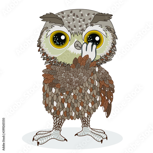 owl emoji spreading rumors whispering to someone's ear, funny cartoon character, hand drawn emoticon, vector illustration on white isolated background