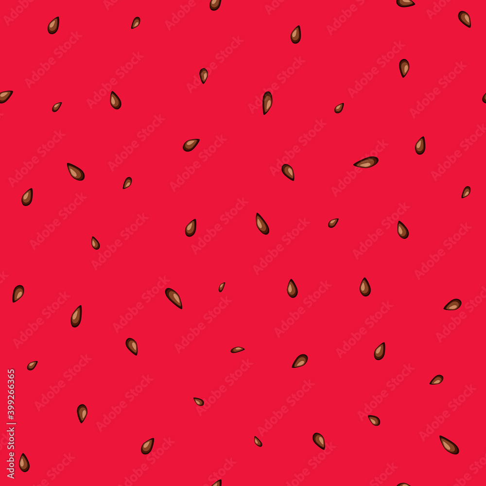 Watermelon. Seamless pattern with watermelon seeds on a red background for fashion prints, fabrics, wallpapers, wrapping paper. 