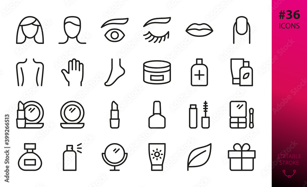 Cosmetics, makeup, beauty and care isolated icons set. Set of skincare cream, decorative cosmetics, compact powder, nail polish, lipstick, mascara, eyeshadows, perfume, hair spray vector icon Cosmetics, makeup, beauty and care isolated icons set. Set of skincare cream, decorative cosmetics, compact powder, nail polish, lipstick, mascara, eyeshadows, perfume, hair spray vector icon
