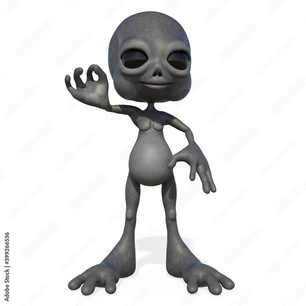 Alien, 3d, grau macht Gourmet Zeichen, schwarze Augen, Handzeichen Alien, 3d, grau macht Gourmet Zeichen, schwarze Augen, Handzeichen