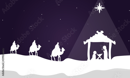 Fotografie, Tablou Three wise kings bring gifts to christ, vector art illustration.