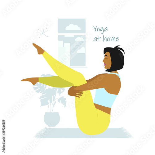 Girl meditates and does yoga at home online