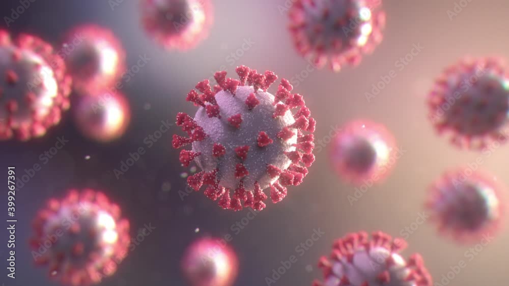 Realistic coronavirus medical background. Close-up center view of the corona virus under microscope. SARS-CoV-2 COVID-19 pandemic outbreak concept. Realistic high quality medical 3d animation. 