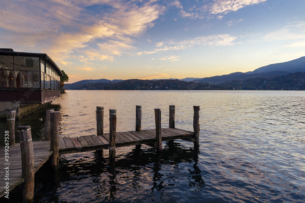 Wooden pier on lake Orta, Piedmont, Italy
