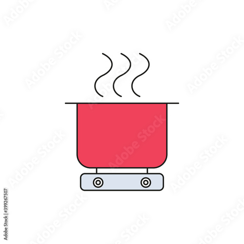 Cooking food, saucepan on the stove. Food is being prepared in a saucepan. Simple vector icon, filled outline.