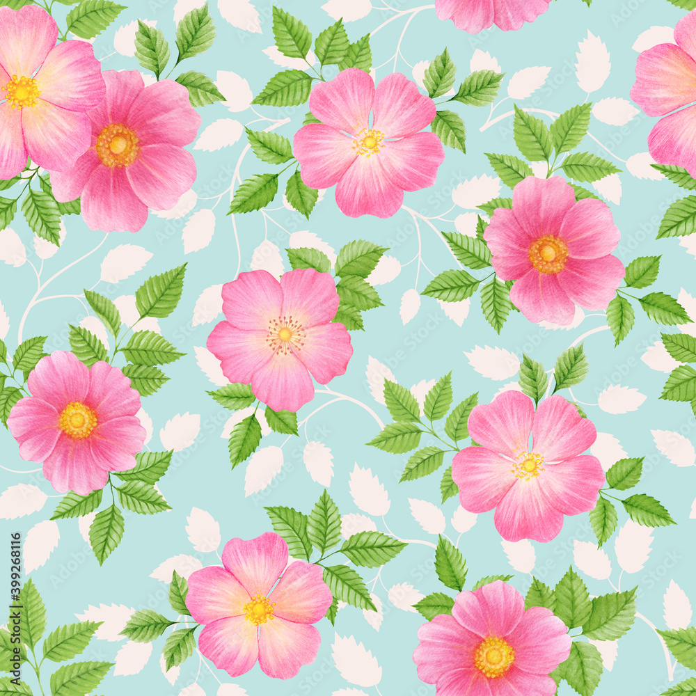 Seamless floral pattern with pink wild roses.