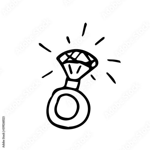 Ring with large multi-carat diamonds sparkling on a white background. Doodle ring illustration can be used for wedding decoration, engagement, invitations, gift wrapping, jewelry store advertising