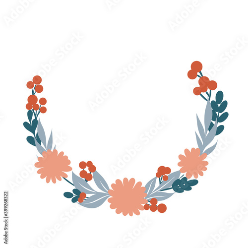 Floral Frame. Cute retro flowers arranged un a shape of the wreath perfect for wedding invitations, birthday cards and covers, poligraphy. Round blue and coral frame border