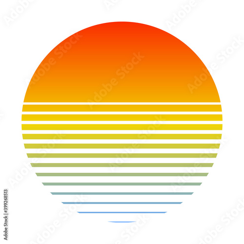Retro sunset over the sea with gradient silhouette of sun and water. Vintage style summer logo icon style 80s 90s © brovarky