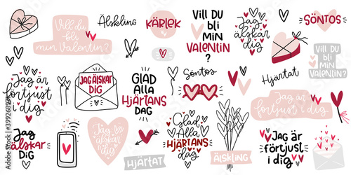 Valentines day Swedish romantic phrases. Vector clip art set for cards. Text in Svenska reads: Love, Will you be my Valentine?, Happy Valentine’s Day, I’ve got a crush on you, darling,, sweetheart.