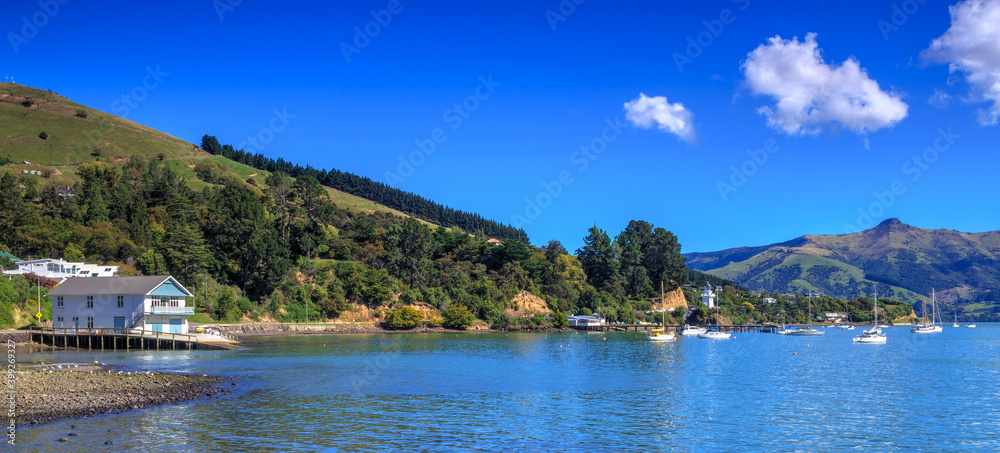 Panoramic view of French Bay in Akaroa Harbour, New Zealand