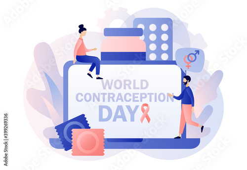 World Contraception Day - text on laptop screen. Contraceptive methods in sexual and reproductive health. Safe sexual behavior, birth fertility control. Modern flat cartoon style. Vector illustration