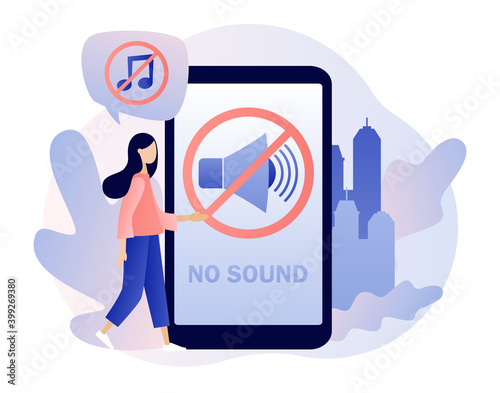 No sound - text on smartphone screen. Quiet zone concept. Stop noise sign and tiny people. Volume off or mute mode sign for smartphone or laptop. Modern flat cartoon style. Vector illustration 