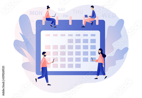 Calendar and schedule concept. Tiny people and time management, business planning, timetable. Modern flat cartoon style. Vector illustration on white background