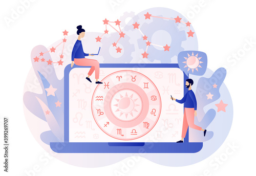 Astrology science concept. Astrological forecast. Zodiac, celestial coordinate system, stars and constellations. Tiny people astrologers reading natal chart online. Modern flat cartoon style. Vector