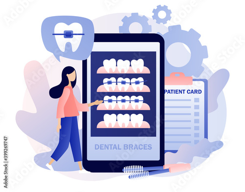 Dental braces. Orthodontic treatment and cosmetic odontology in smartphone app. Tiny people orthodonts and patients whose straightening teeth. Modern flat cartoon style. Vector illustration 