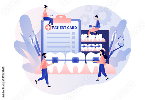 Dental braces concept. Orthodontic treatment and cosmetic odontology. Tiny people orthodonts and patients whose straightening teeth. Modern flat cartoon style. Vector illustration on white background
