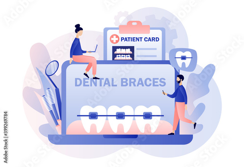 Dental braces. Orthodontic treatment and cosmetic odontology. Tiny people orthodonts and patients whose straightening teeth. Online consultation. Modern flat cartoon style. Vector illustration