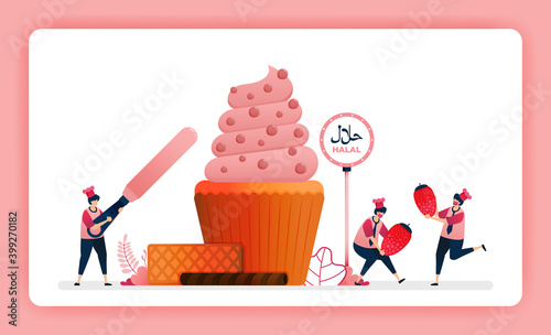 halal food menu illustration of sweet strawberry cupcake. Making muffins decorated with swirl icing and cocoa. Design can use For website, web, landing page, banner, mobile apps, UI UX, poster, flyer