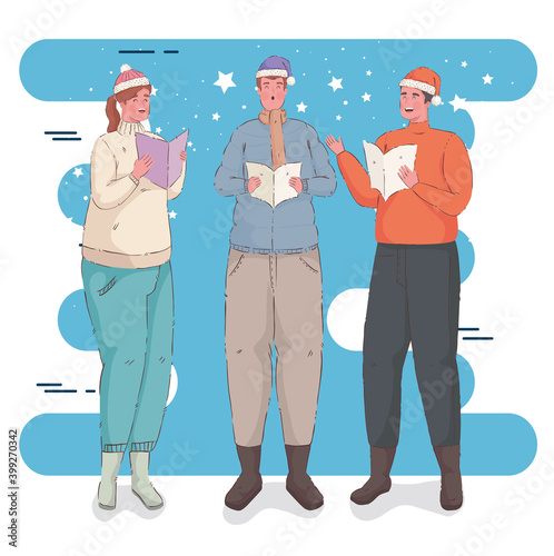 three persons wearing winter clothes singing christmas carols vector illustration design