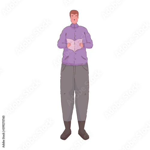 man wearing purple winter coat singing christmas carols vector illustration design