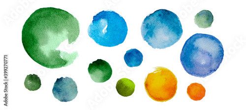 Set of watercolor blots on white background. Colored vector decorative elements for the design of packages, backgrounds, banners, labels. Blue, green, orange textured spots. Imitation of hand drawing.