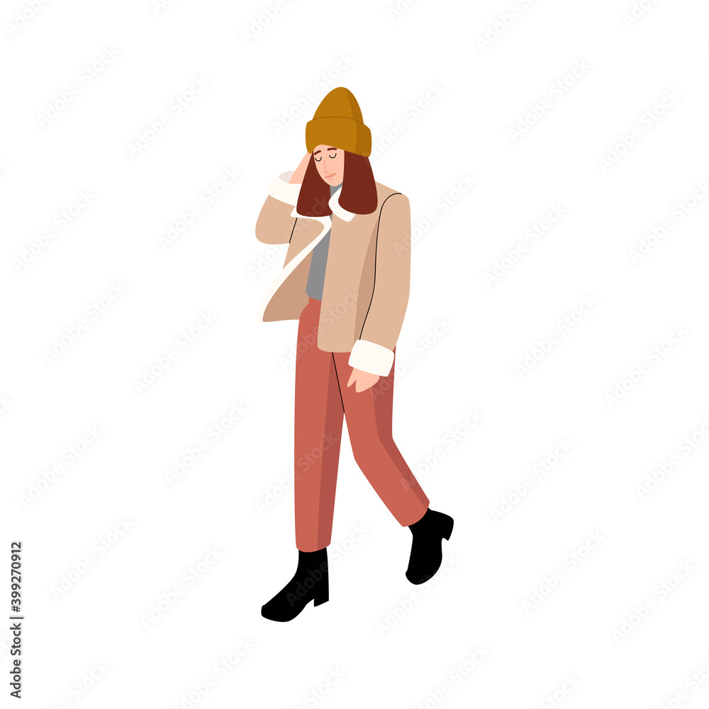 Young woman wearing trendy winter clothes. Flat vector colorful illustration Young woman wearing trendy winter clothes. Flat vector colorful illustration