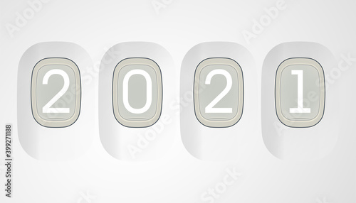 Happy New Year 2021 airplane window background. Greeting card 2021 Fonts flyer view from above porthole banner. Celebrate brochure aircraft interior