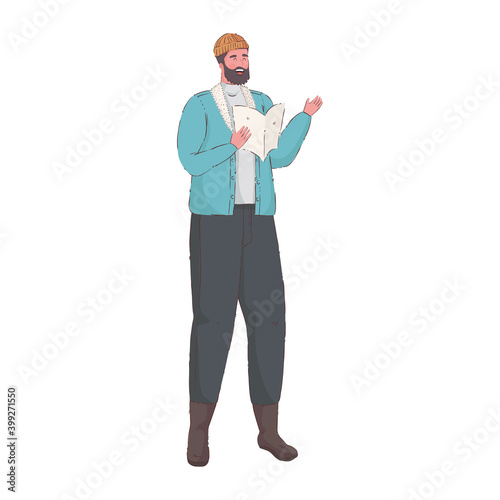 man bearded wearing winter clothes singing christmas carols vector illustration design