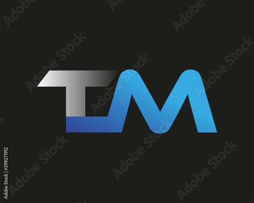 initial letter TM logotype company name colored blue and silver swoosh design. isolated on black background.