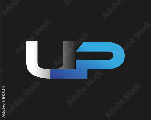 initial letter UP logotype company name colored blue and silver swoosh design. isolated on black background.