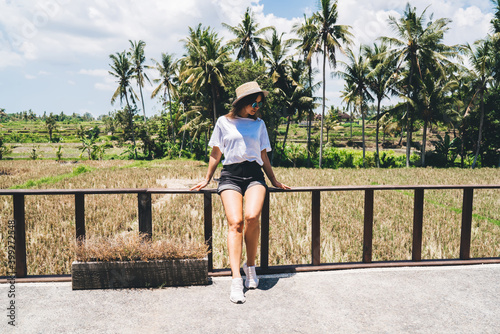 Calm woman sitting on wooden fencing