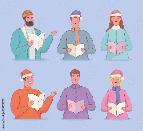 six persons singing christmas carols vector illustration design