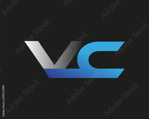 initial letter VC logotype company name colored blue and silver swoosh design. isolated on black background.